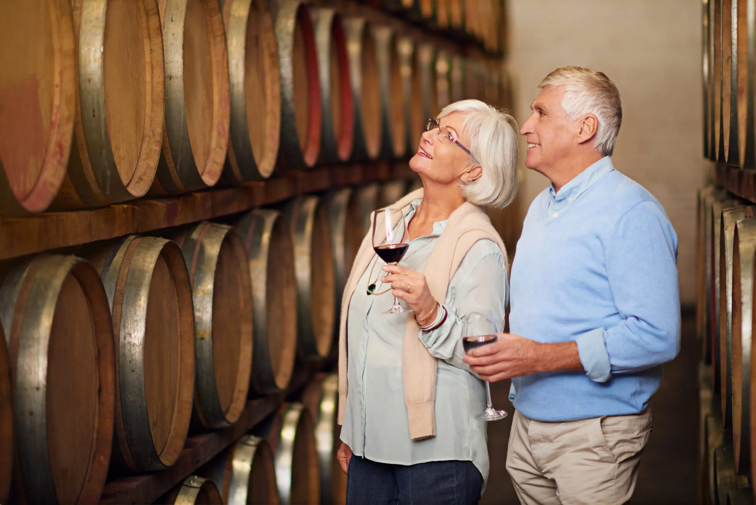 Affectionate senior couple holds wine glasses and views a wine cellar
