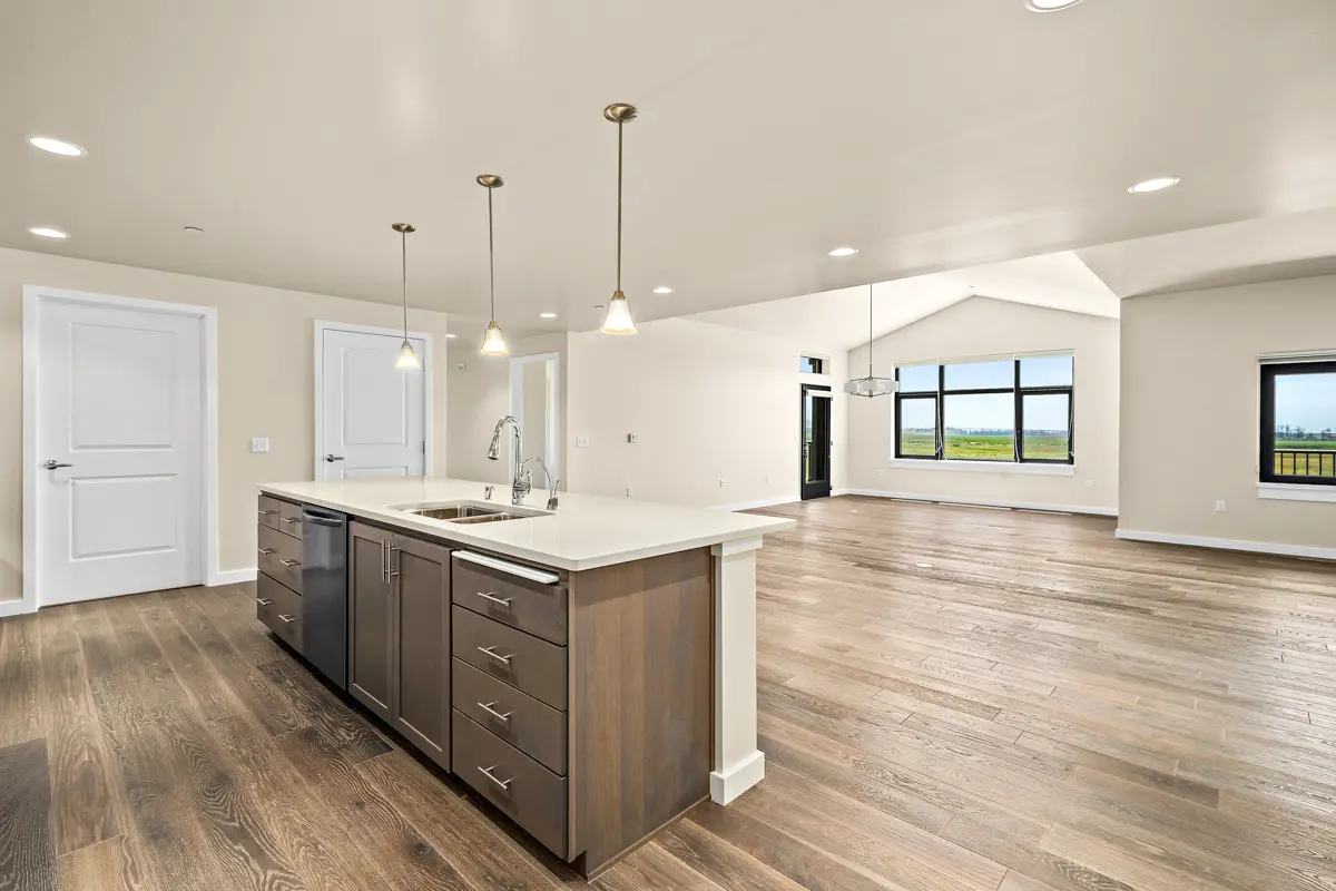 Interior view of a kitchen and living area